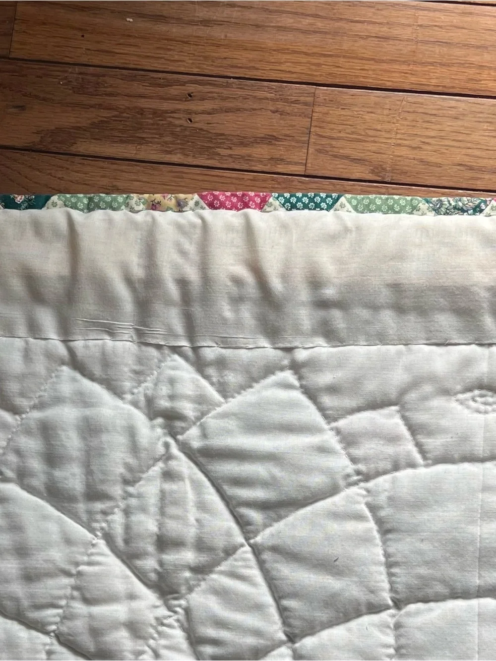 Floral Patchwork Cotton Quilt in Teal, Pink, and Cream wall hanger